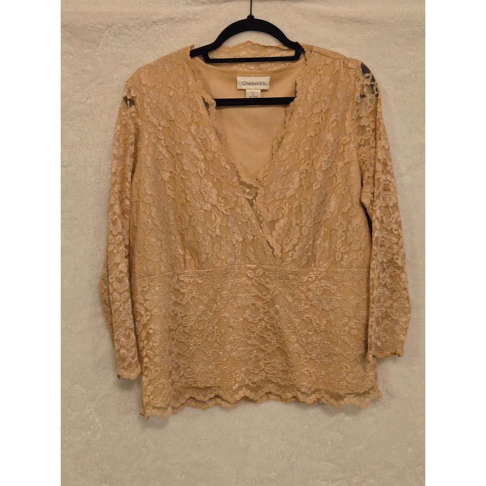 Chadwicks Women XL Beige Floral Lace V-Neck Wrap BlouseLong Sleeve Scalloped Hem